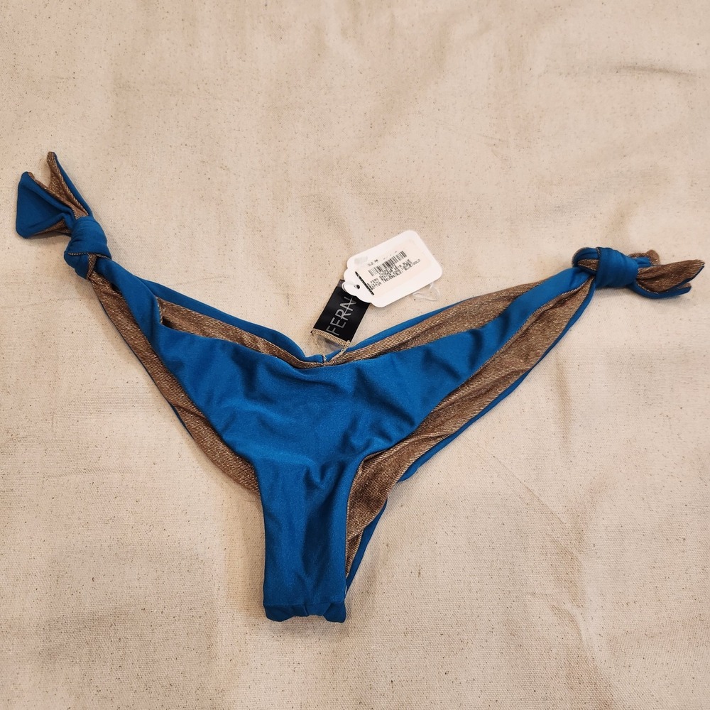 New Luxury Reversible Bikini Bottom S Small Blue Gold Metallic Made in USA FERN